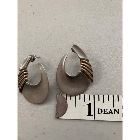 Vintage Retro 80s Oval Pierced Earrings Two-Tone Brushed Silver & Gold Tone - Picture 5 of 6